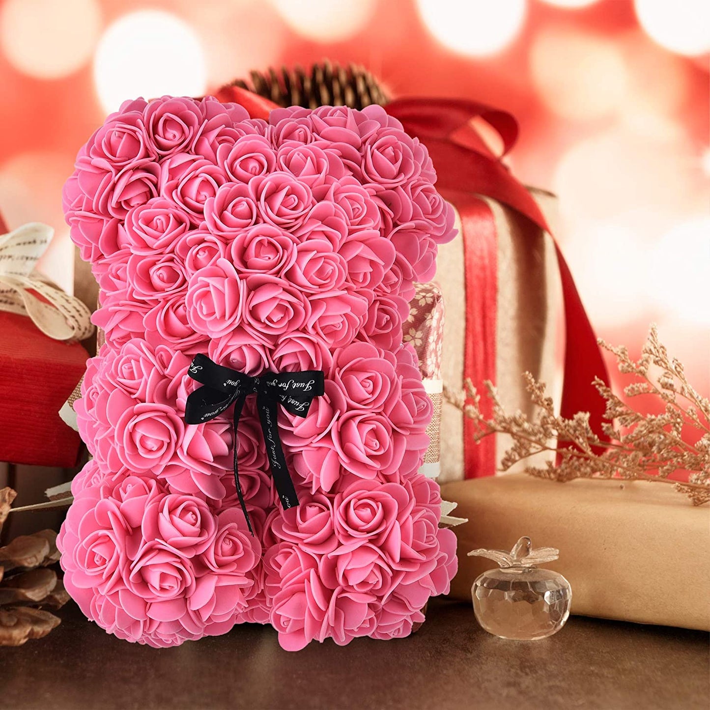 Rose Bear - Rose Teddy Bear Gifts for Valentines Day Anniversary Mothers Day for Her, 10 Inches Flower Bear Gifts for Women Mom Girlfriend, Clear Gift Box Included - over 200+ Flowers (Pink)